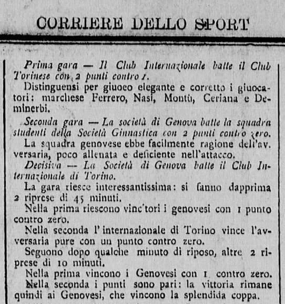 Заметка из газеты Corriere dello Sport — The Bicycle от 11 мая 1898 года, рассказывающая о результатах матчей